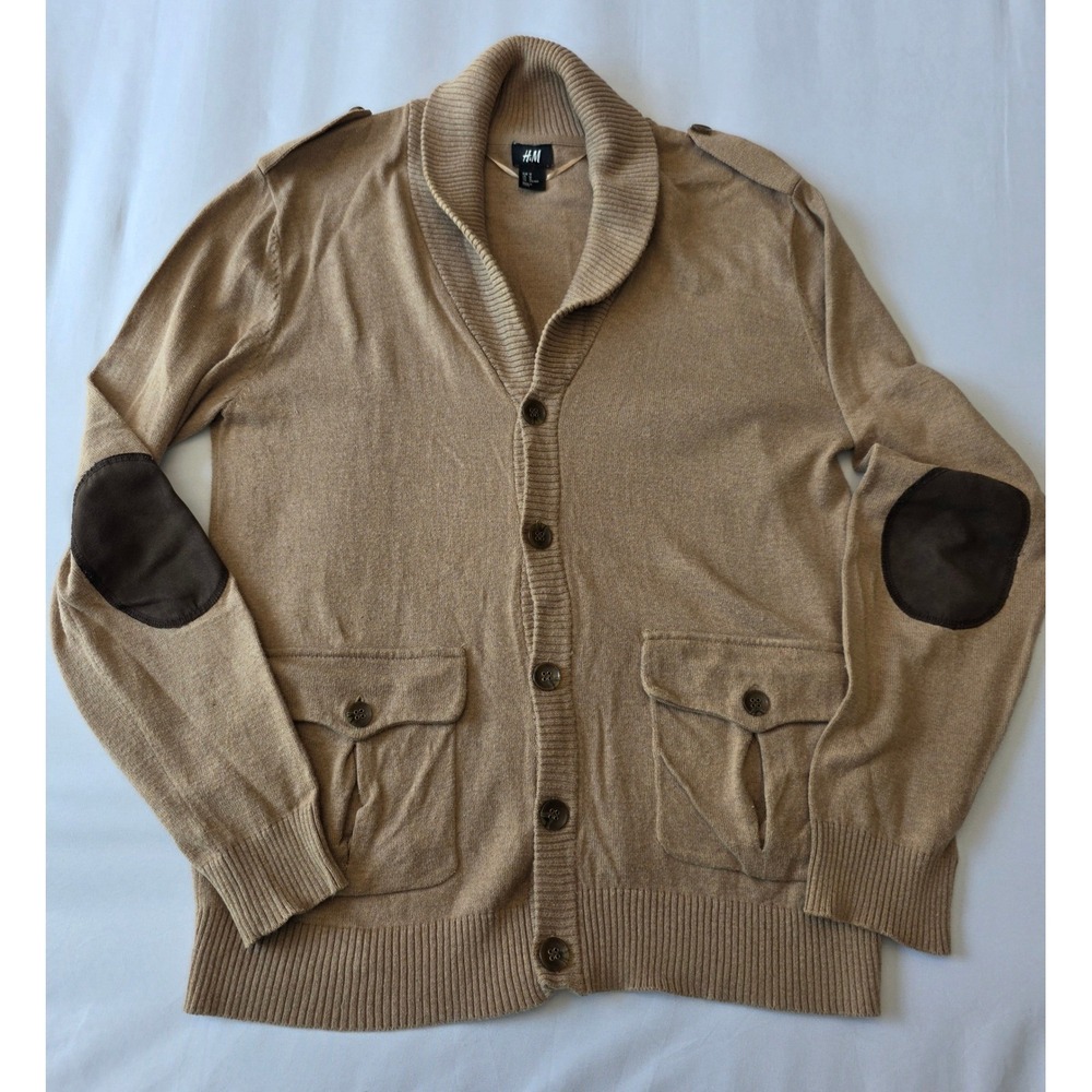 HM Mens Shawl Collar Cardigan Sweater Tan Camel Elbow Patches Epaulets Medium